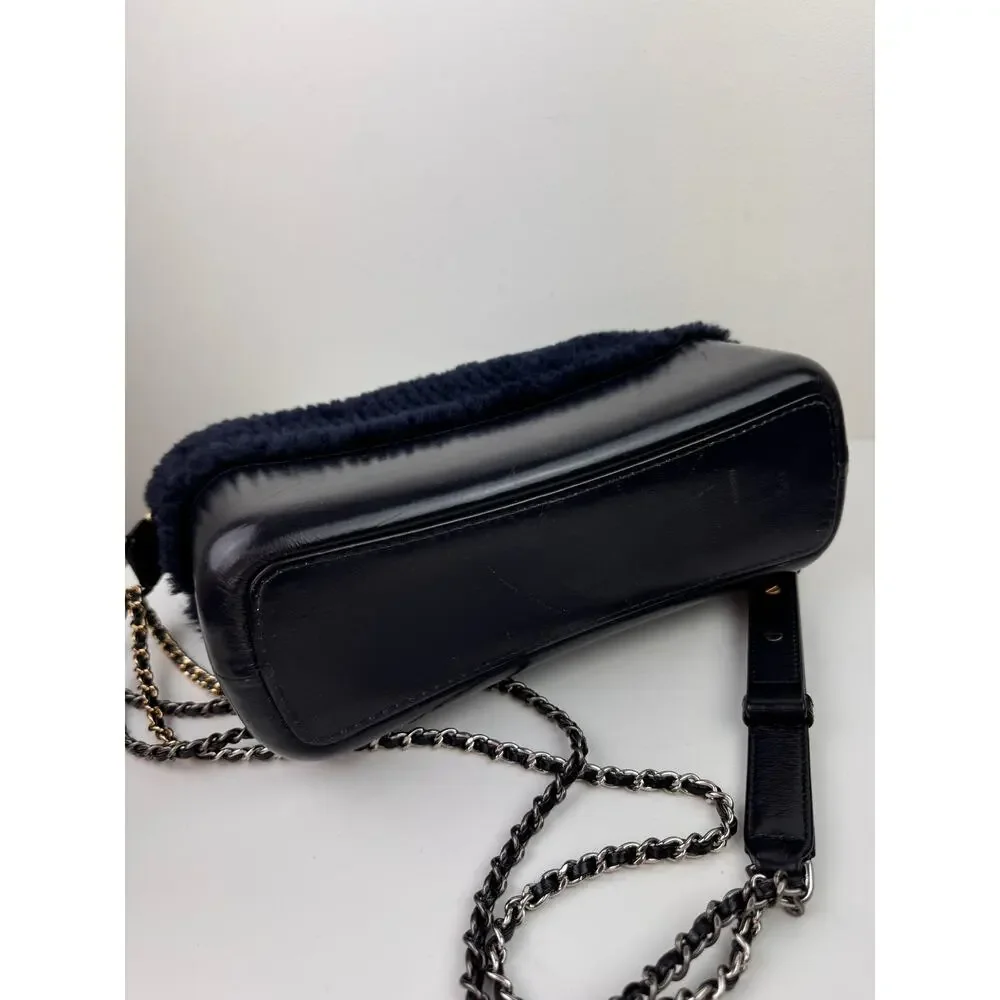 CHANEL Navy Blue Shearling Gabrielle Leather Chain Strap Crossbody Bag Medium
